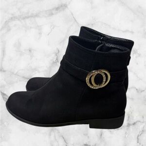 Black Ankle faux suede ankle Booties with Gold Buckle 8.5